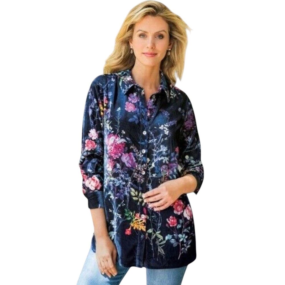 Soft Surroundings Jardim Floral Velvet Tunic Blouse Black Size Large